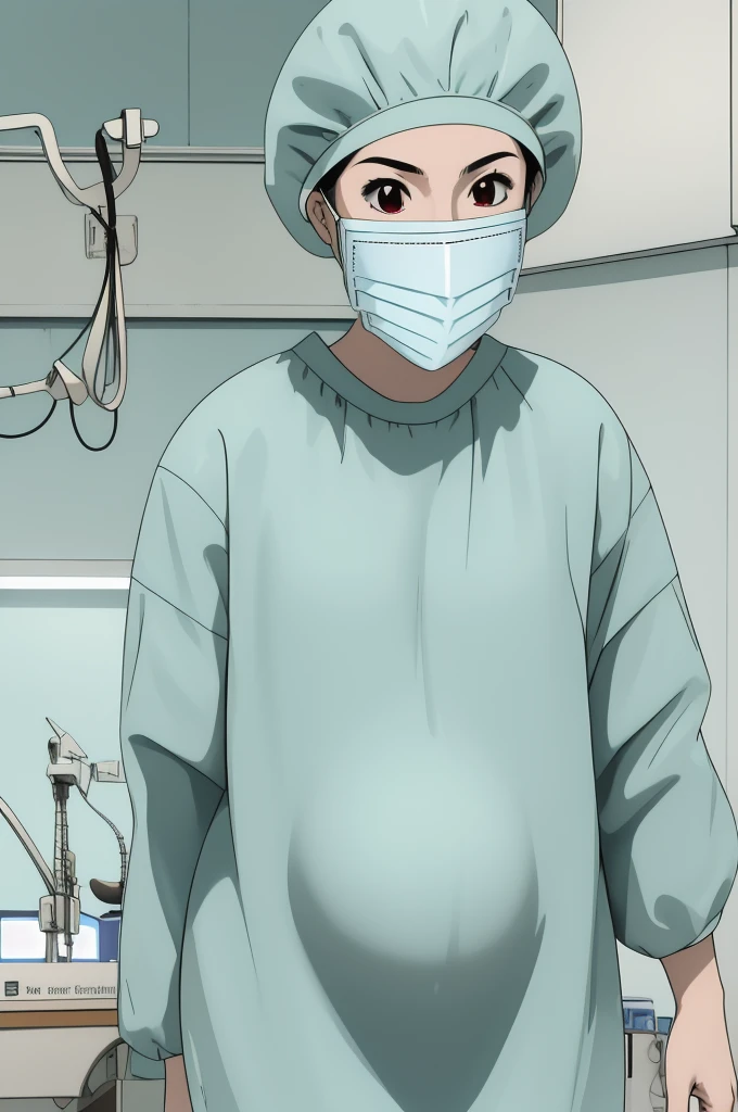 masterpiece, highest quality, (RAW photo, best quality), 1girl, pale skin, shy eyes, big breasts, pregnant, natural lighting, solo, upper body, hospital, in the operating room, surgical bet,
ray kasugano, labcoat, (give a score of 9_give a score of 8_give a score of 7) long sleeve surgical gown, surgical cap, cover ears, surgical mask, surgical gloves, 