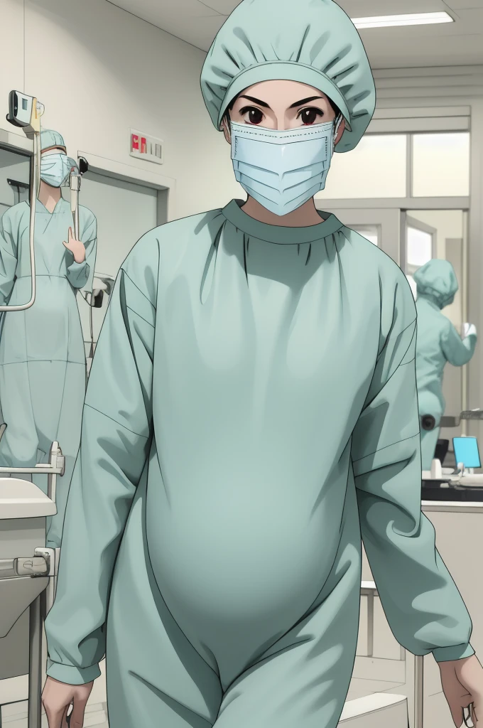 masterpiece, highest quality, (RAW photo, best quality), 1girl, pale skin, shy eyes, big breasts, pregnant, natural lighting, solo, upper body, hospital, in the operating room, surgical bet,
ray kasugano, labcoat, (give a score of 9_give a score of 8_give a score of 7) long sleeve surgical gown, surgical cap, cover ears, surgical mask, surgical gloves, 