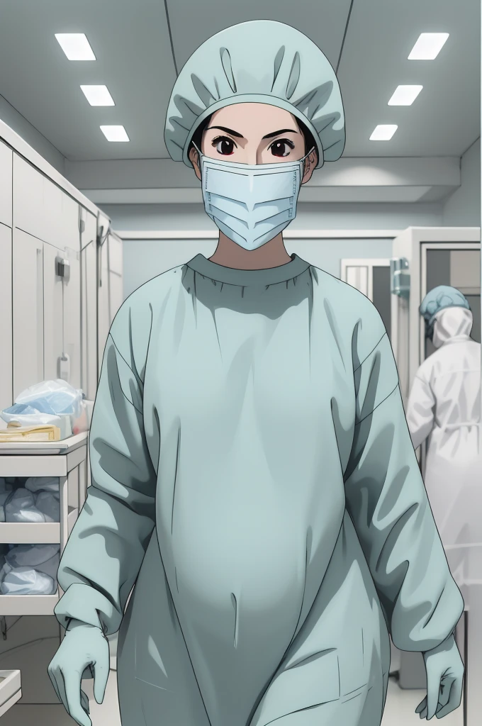 masterpiece, highest quality, (RAW photo, best quality), 1girl, pale skin, shy eyes, big breasts, pregnant, natural lighting, solo, upper body, hospital, in the operating room, surgical bet,
ray kasugano, labcoat, (give a score of 9_give a score of 8_give a score of 7) long sleeve surgical gown, surgical cap, cover ears, surgical mask, surgical gloves, 