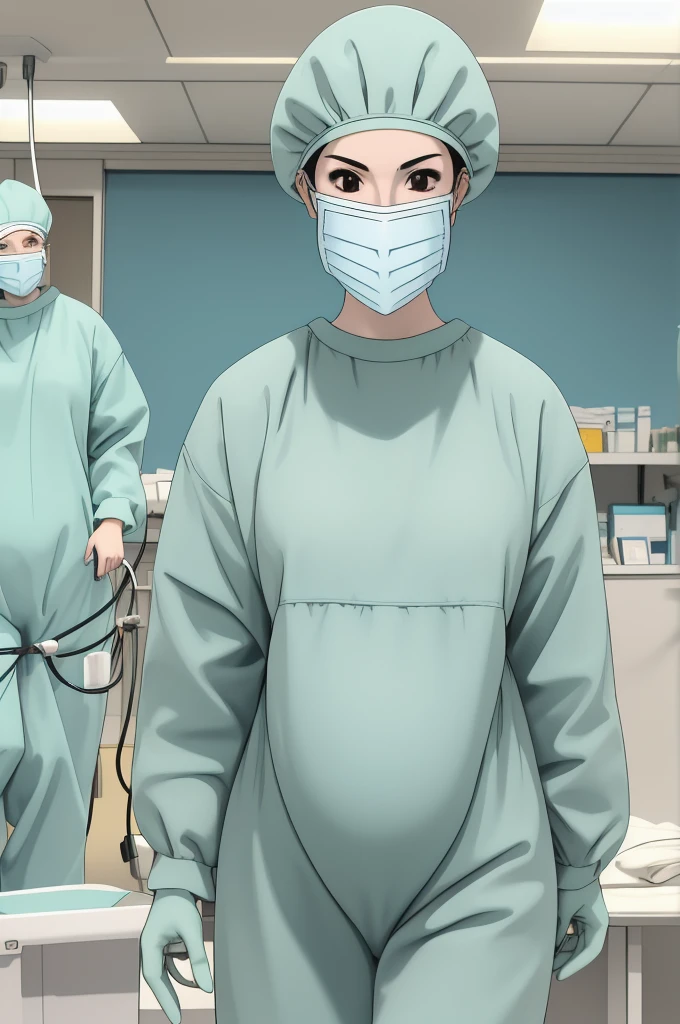 masterpiece, highest quality, (RAW photo, best quality), 1girl, pale skin, shy eyes, big breasts, pregnant, natural lighting, solo, upper body, hospital, in the operating room, surgical bet,
ray kasugano, labcoat, (give a score of 9_give a score of 8_give a score of 7) long sleeve surgical gown, surgical cap, cover ears, surgical mask, surgical gloves, 