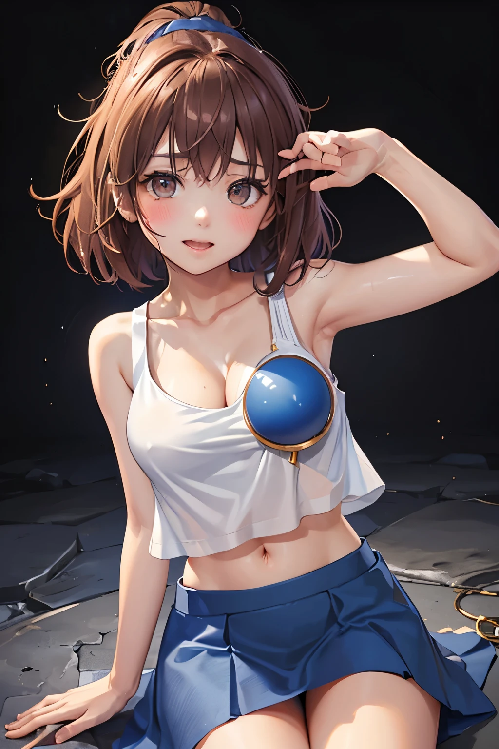 （（（ＳＦＷ、sound、Highest quality、first-clasasterpiece、Normal body、8K、Detailed face、Ultra-precision、Normal hand、Normal finger、５Finger、Highest）））、beautiful girl、Brown Hair、Bobcut、slender、low length、thin feet、arles、Puyo Puyo、Sorcerer、Blue shirt、White tank top、Blue mini skirt、blush、Dungeons、Sit down、Spread your legs、Masturbation、Ripped tank top、Torn shirt、Torn Skirt、Skirt flipped up、Open clothes、I can see her cleavage、Pure white pants、I can see your pants、Open your mouth、Sticking out tongue、A face melting with pleasure、Shy appearance、Feeling embarrassed