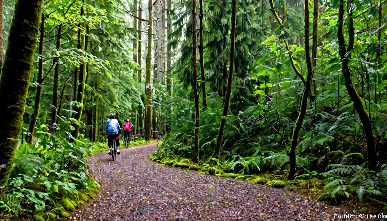 trail with bicycle tracks, dense forest, quiet day, lots of people in the area