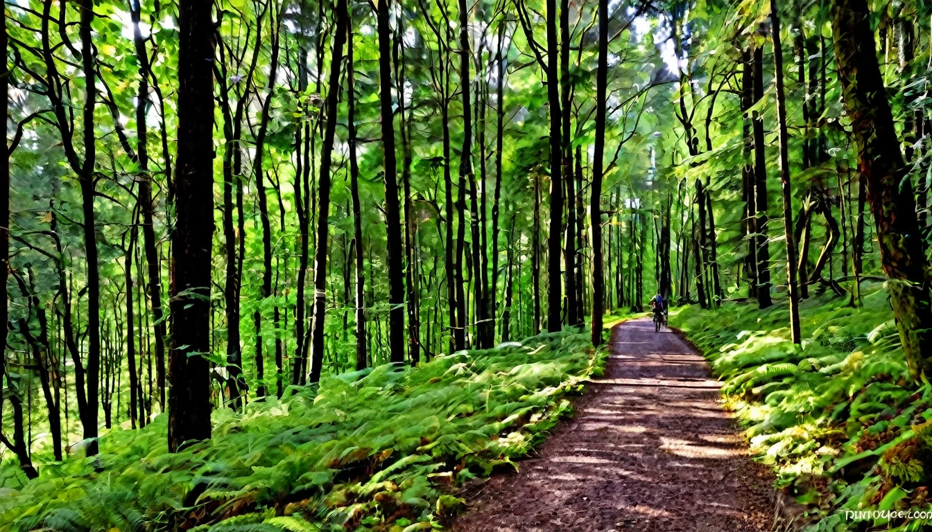 trail with bicycle tracks, dense forest, quiet day, lots of people in the area
