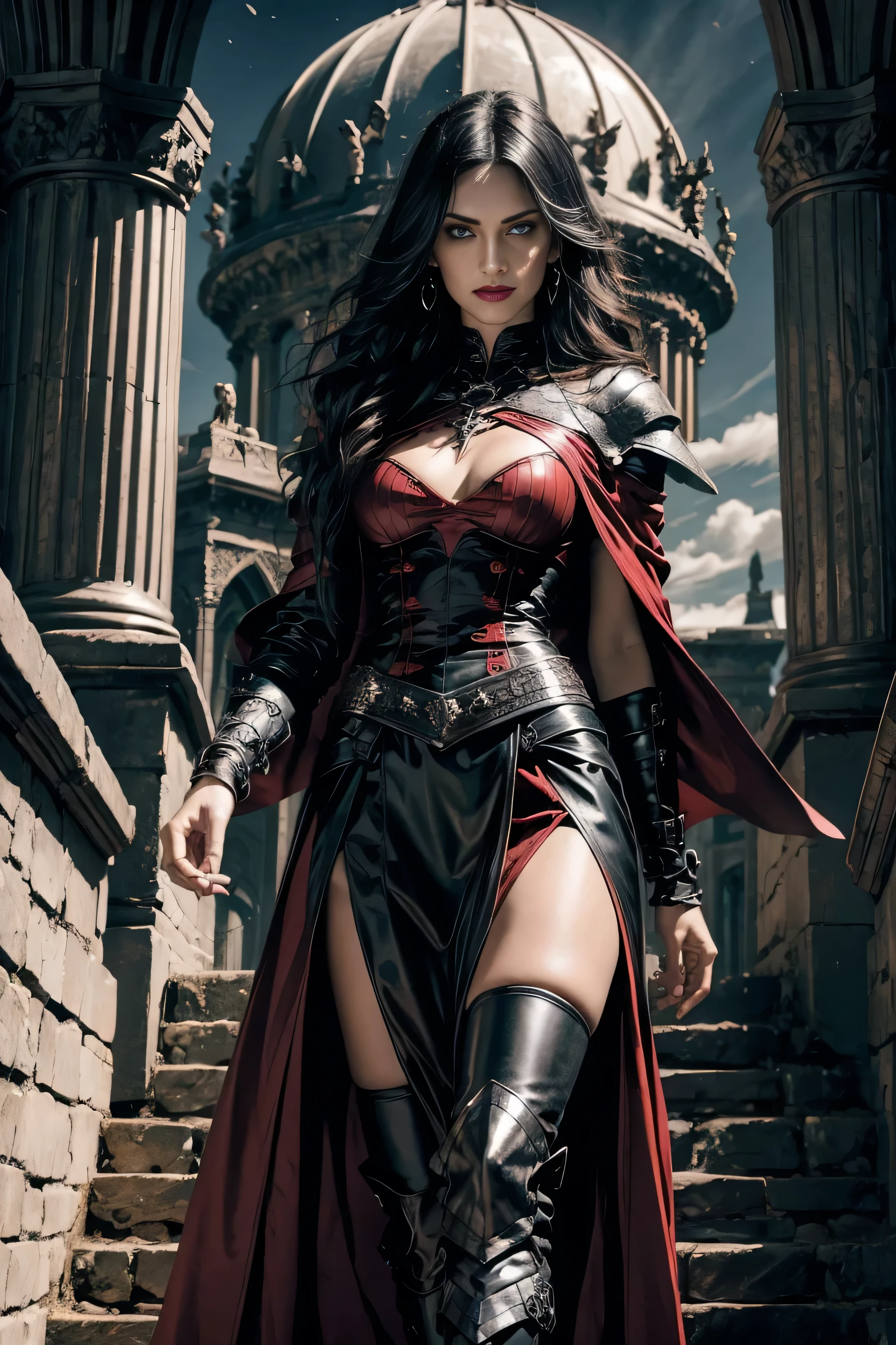 An adult vampire wizard character wearing black and red gothic armor. Your hair has a short cut. Your eyes color yellow, Magnificent, natta, Moonlight, pegue a chave, Facial expression of anger, 8K, positioned on top of a high stone, looking straight ahead, Sanctuary, Gothic city, walking down the stairs looking from above, male character, mighty, extremely detaild