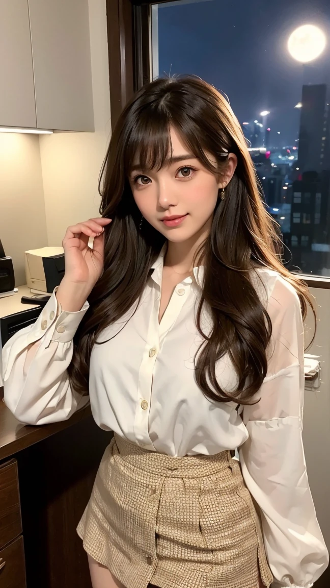 ((Kumiko Goto:1.3))Beautiful detailed face、Pale skin、Realistic glowing skin、Detailed cloth texture、Detailed hair texture、Perfect body、Beautiful Face、correct、Anatomically correct、 Highly detailed face and skin texture、Natural neck length、(Beautiful Hands)、(Fair skin:1.2)、Thin legs、Thin legs、 break 細かい目元、Symmetrical eyes、Light brown eyes、double eyelid、Thin eyebrows、(Glossy Lips:1.4)、((Gentle smile:1.2))、(blush:1.1)、 break (Elegant and cute girl:1.3)、Medium-sized large breasts、(Slim body type:1.1)、Toned Abs、Beautiful clavicle、 (Dark Blonde、Wavy Hair、Long Hair:1.2)、 ((Asymmetrical bangs:1.2))、((In a stylish office at night:1.4))、(Cowboy Shot:1.2)、white long sleeve button up blouse,_brown tweed mini skirt,Put the shirt inside the skirt、full figure supermodel standing, entire body in frame、standing gracefully、