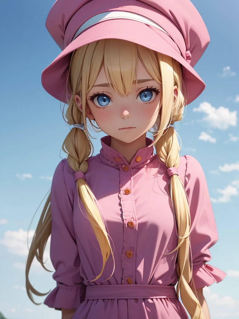 an adult girl, blond hair, two low blonde pigtails, blue eyes, pink jumpsuit dress, a pink hat on her head, type photo for profile 