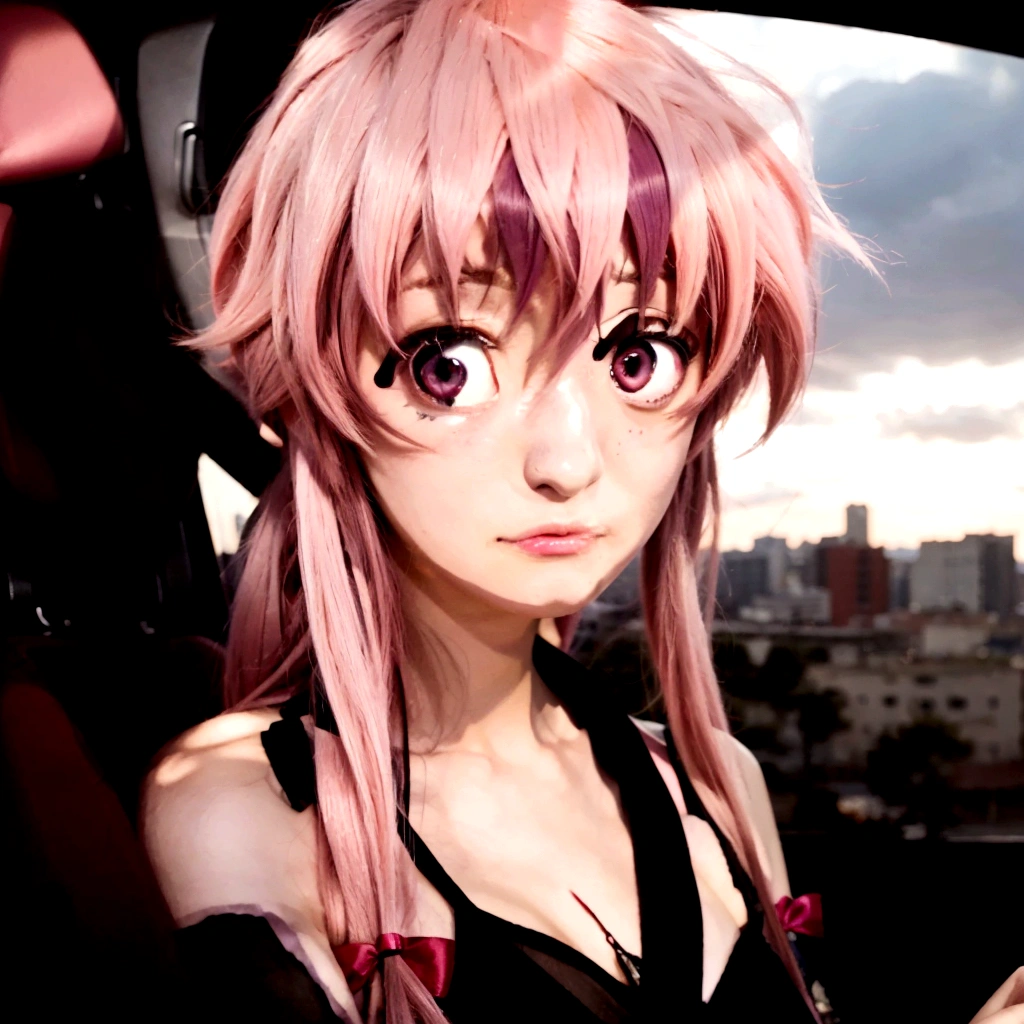 anime girl with pink hair sitting in a car looking at a man, mirai nikki, in the anime film, gasai yuno from mirai  nikki, anime girl named gasai yuno from mirai nikki, seductive anime girl, gapmoe yandere, anime style like mirai nikki, an anime girl, female anime character, gasai yuno, gasai yuno, gasai yuno from mirai  nikki as an anime character, gasai yumo