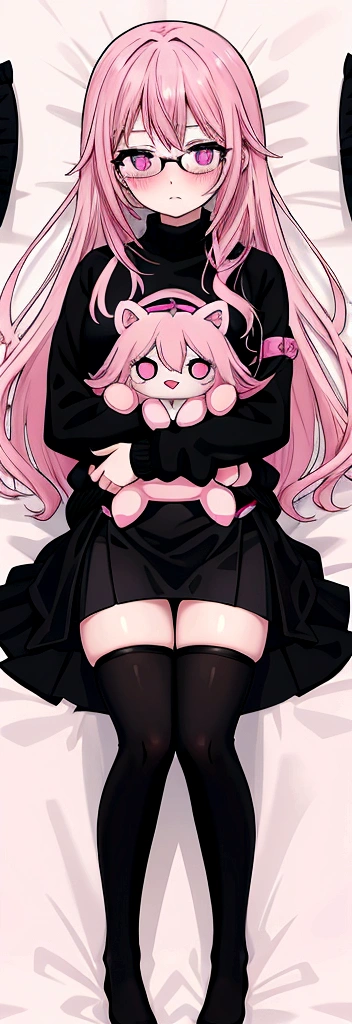 pink hair black glasses pink eyes extremely blushing a large pink sweater short black skirt at the waist chains black stockings that she is a reserved girl her bed that she is hugging a stuffed animal