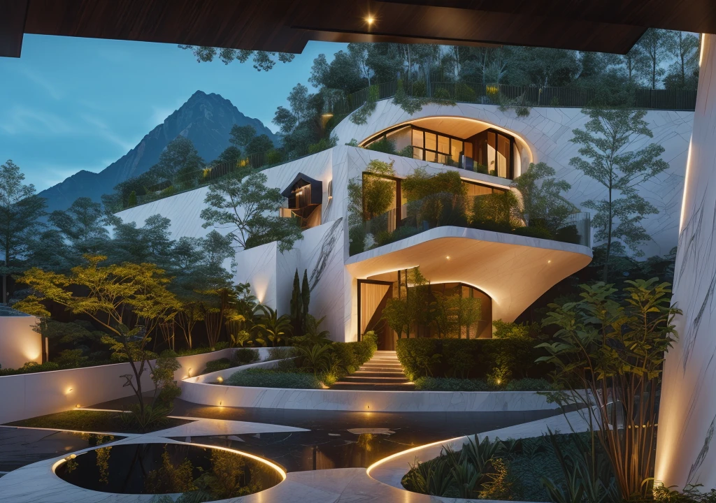 3D render of a beautiful house, Dark, gray tones, white wall. lumion render, night time render, insanely detailed rendering, realistic architecture, architectural visualization. The house is adorned with elegant lighting and plants to enhance its exterior appearance in a Vietnam city street. The staircase leading into the house is tiled with black marble and has bright LED lights. Behind are hills and mountains with clear blue sky. balcony with green plants. The main door is made of black aluminum and glass reaching up to the ceiling. Looking through the glass windows to look inside the house with luxurious interiors with luxurious and warm lights, interior lighting rendering and lighting effects. marble and wood and glass, dark and modern, luxcore render, taken with professional photography techniques, using a wide angle lens with bright natural light and high resolution details, in the style of professional photograph, hyper realistic, highly detailed.