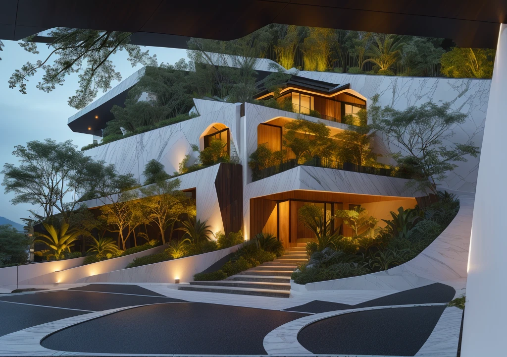 3D render of a beautiful house, Dark, gray tones, white wall. lumion render, night time render, insanely detailed rendering, realistic architecture, architectural visualization. The house is adorned with elegant lighting and plants to enhance its exterior appearance in a Vietnam city street. The staircase leading into the house is tiled with black marble and has bright LED lights. Behind are hills and mountains with clear blue sky. balcony with green plants. The main door is made of black aluminum and glass reaching up to the ceiling. Looking through the glass windows to look inside the house with luxurious interiors with luxurious and warm lights, interior lighting rendering and lighting effects. marble and wood and glass, dark and modern, luxcore render, taken with professional photography techniques, using a wide angle lens with bright natural light and high resolution details, in the style of professional photograph, hyper realistic, highly detailed.