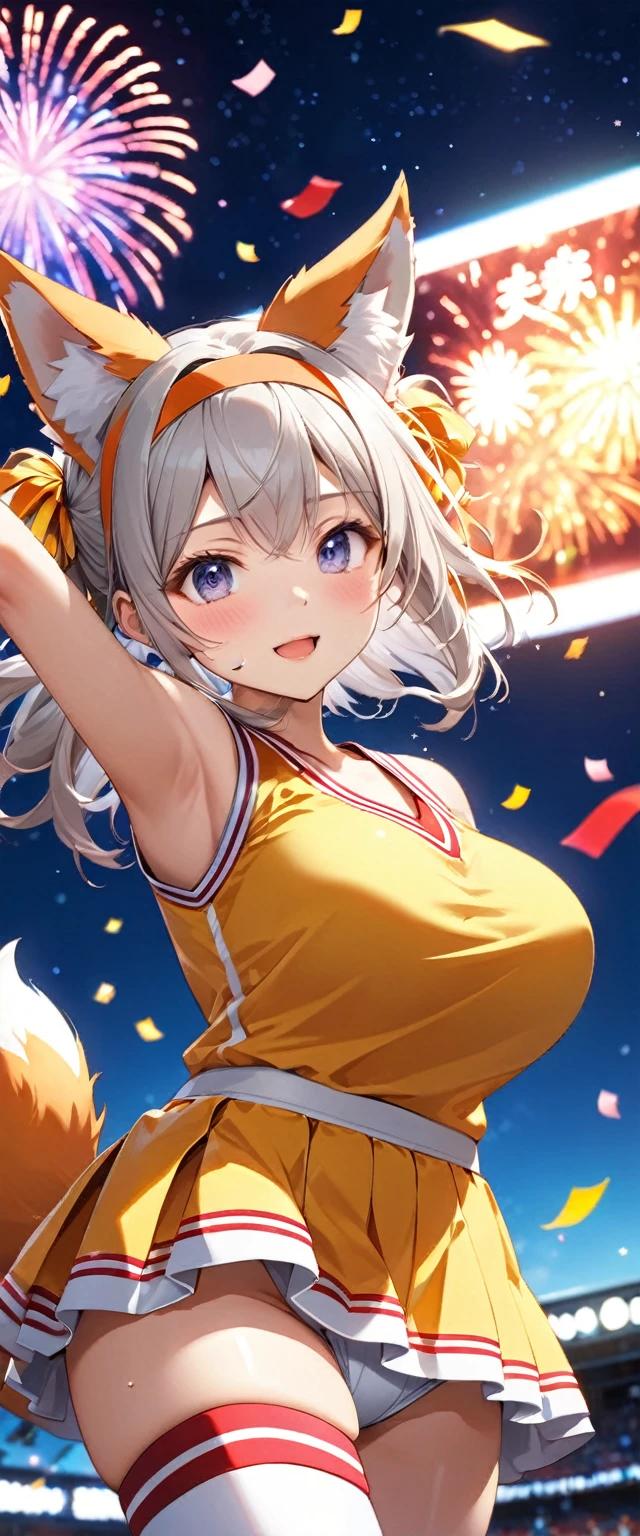 Highest quality, Super quality, 16K, Incredibly absurd, Very detailed, 2.5D, delicate and dynamic, baseball Ground, stand, Colorful Stage, Tiny faint lights and flying confetti, night, Starry Sky, firework, Electronic bulletin board, , , Small face, Extremely delicate facial expression, Delicate eye depiction, Upper body close-up, erotic, sole sexy lady, healthy shaped body, 22 years old lady, Cheerleader, 170cm tall, huge firm bouncing busts, Fox Costume, A complex costume, Fox-eared headband, Fox tail on the ass, long socks, sports shoes, support, cheer leading, Fox Dance, Raise your right leg