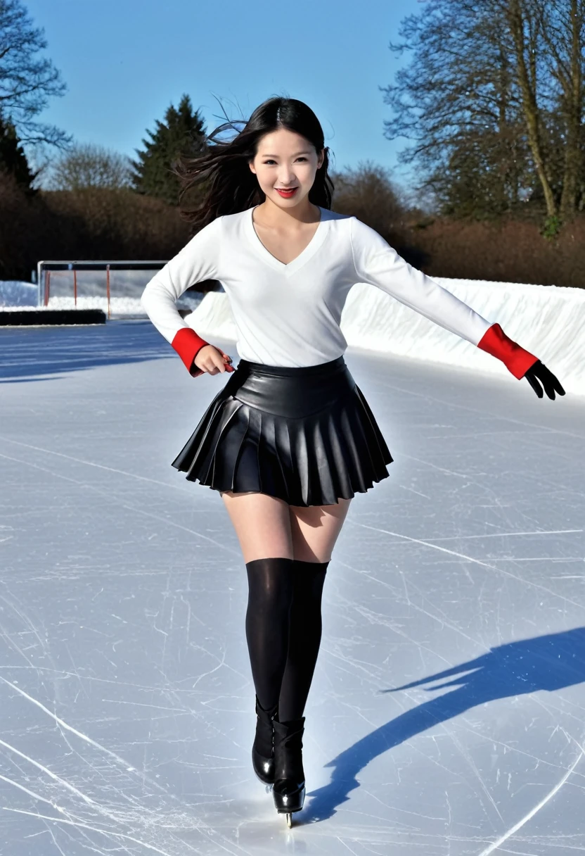 Sublime patineuse sur glace à talons hauts, femme 30ans heureuse et rayonnante, (métisse sino-japonaise)，vêtements noirs，jupe courte noir，Talons extra-hauts noirs，sublime, remarquable, Super Beau，ajuster，Abdos minces，cheveux longs，grande taille，Beau，tir de tout le corps，Clothes are slim-ajusterting，lignes douces，La courbe est évidente，Longues jambes，jambes fines，Porter une queue de cheval haute et longue，tresser，pause dynamique, sur une patinoire en extérieur,  magnifique ciel ensoleillé en hiver 