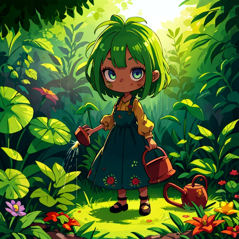 chibi, zombie, watering can, plants, wide shot, full body, detailed portrait, beautiful detailed eyes, extremely detailed face, colorful garden, vibrant colors, warm lighting, digital painting, 8k, hyperrealistic, cinematic, intricate details, masterpiece, anime screencap, 