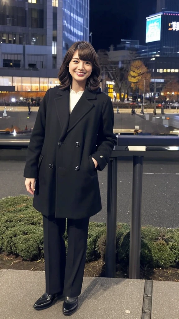 Full-body photo of a cute Japanese weather forecaster wearing a black pantsuit and coat,Medium Hair, pumps,A girl broadcasting live with a microphone,Broadcasting with a microphone outdoors in Tokyo in winter,Standing in front of Tokyo Station,wearing pumps and black tights,masterpiece