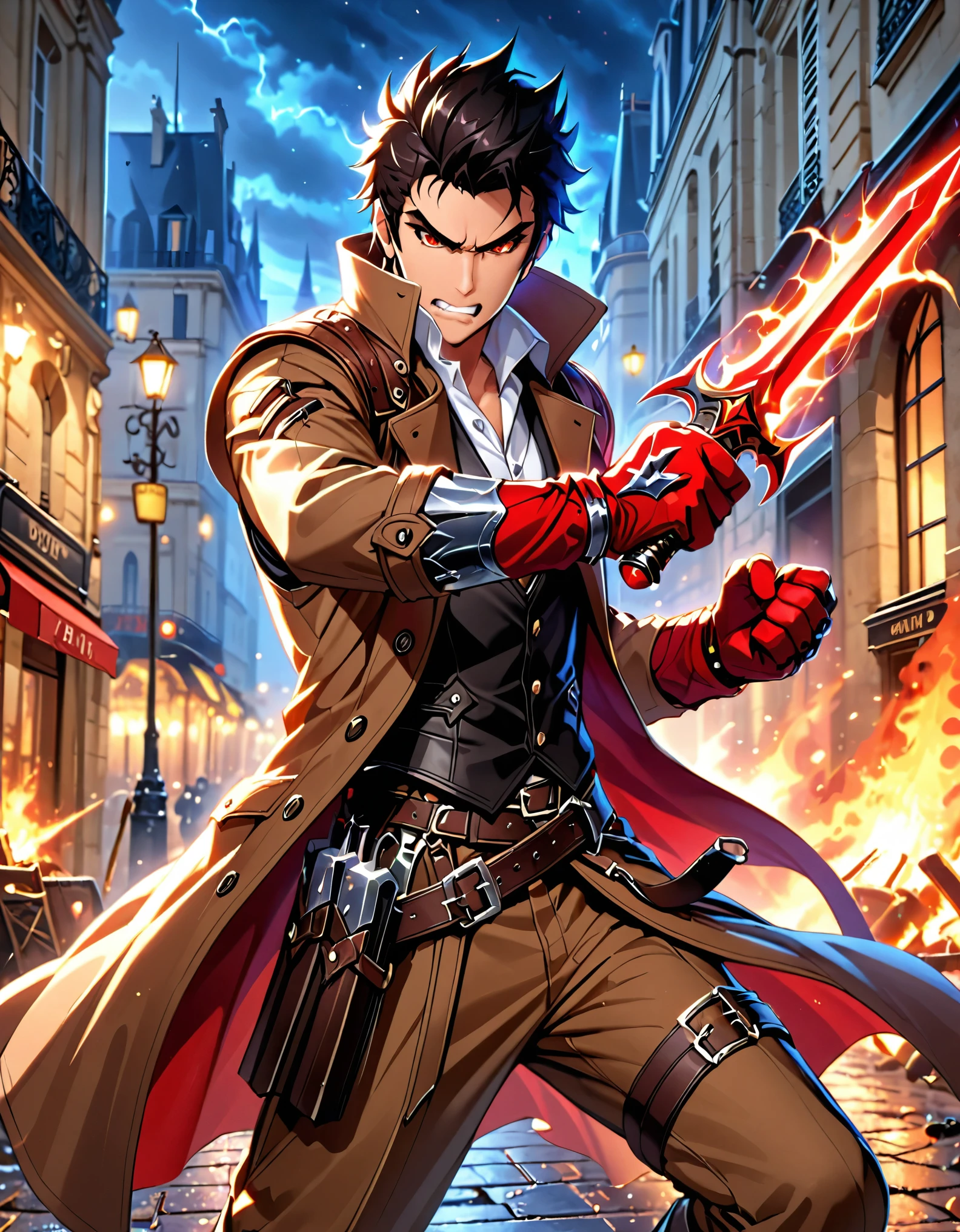 (masterpiece), (best quality), (hires), 1male, solo, solo focus, male focus, dynamic fighting stance, psychotic french male, white shirt, brown cargo pants, brown combat boots, ((holding weapon, daggers), red gloves), black hair, short hair, sideburns, red eyes, (wearing brown trench coat, open coat), (black vest, vest with sheaths), fist gauntlets, angry, clenched teeth. modern paris, night, indoors, cowboy shot.