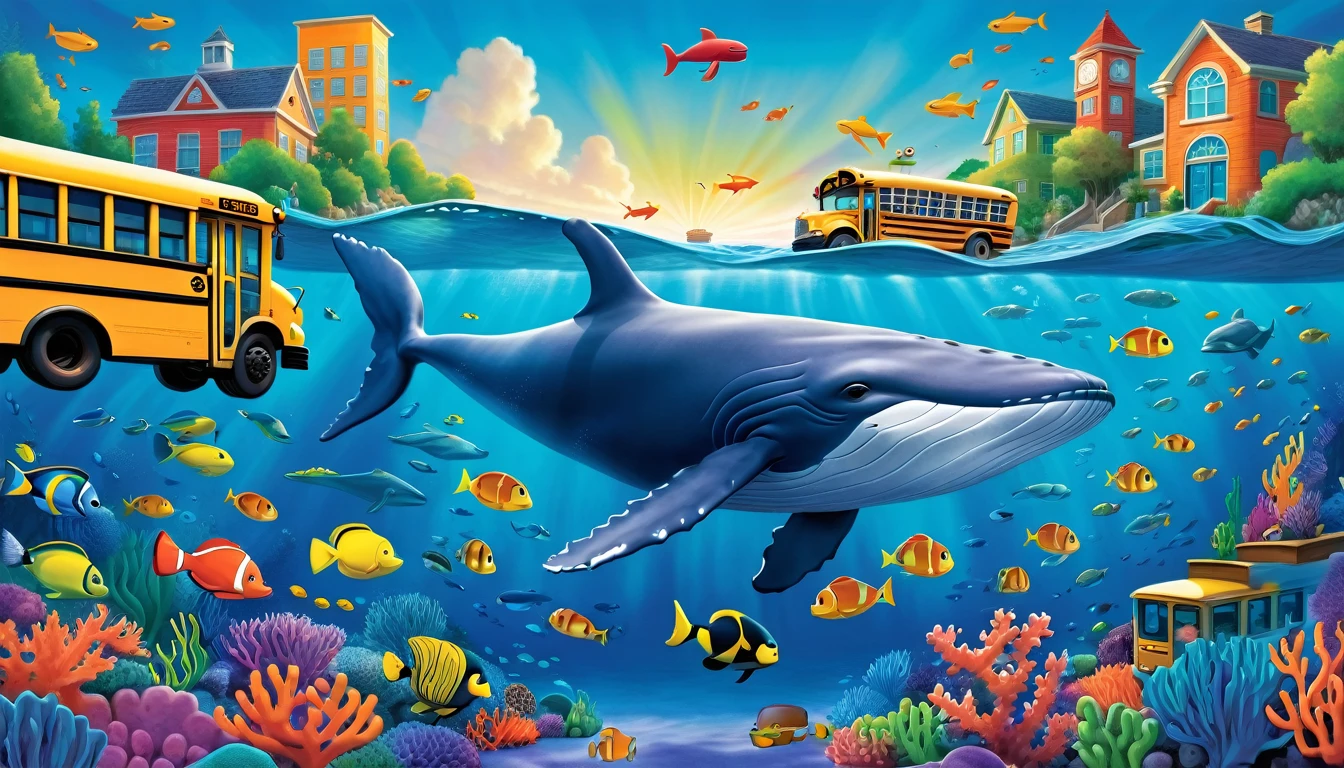 Create a 3-D Pixar style art scene for kids featuring a blue whale swimming beside three school buses for size comparison. The scene should be colorful and vibrant, with an ocean background, coral reefs, and schools of fish. The overall mood should be engaging and inviting for young children.