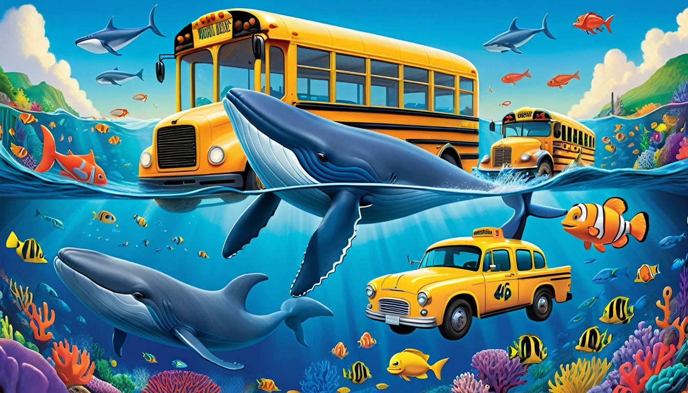 Create a 3-D Pixar style art scene for kids featuring a blue whale swimming beside three school buses for size comparison. The scene should be colorful and vibrant, with an ocean background, coral reefs, and schools of fish. The overall mood should be engaging and inviting for young children.