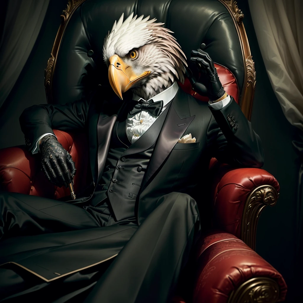 Anthropomorphic eagle wearing a black suit，Sitting in a brown leather chair like a company president, YouTube video screenshot, The bird is wearing a black tie, Real-life stills, Live action scenes, Threatening gaze, gentleman, Very emotional, Music video screenshot,Gangster，Gangster style，The overall color is gray-green，Real atmosphere，Dark Mansion, epic elegant portrait, The bird is wearing a bow tie, Wearing expensive clothes, byGalen Dara, Luxury, Dress appropriately, Deluxe Set, Wearing a suit, High quality portrait, High-end fashion photography, With eagle emblem, Wearing a serious suit, Portraits