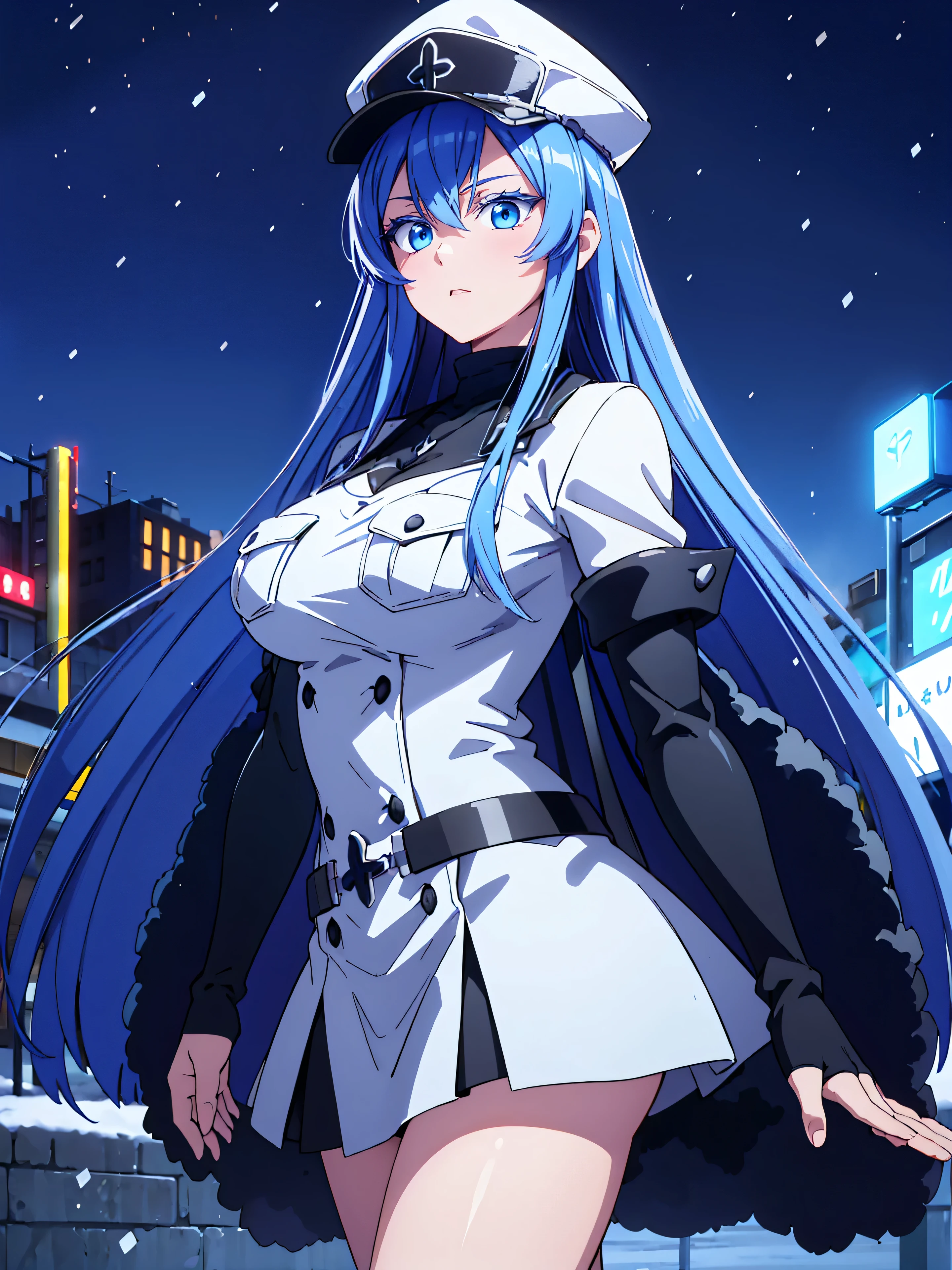 a girl with long blue hair, blue eyes, blue eyelashes, big breasts, white sweatshirt with a hat, walking, upset, on a street in Russia, snowing heavily, at night, (best quality,4k,8k,highres,masterpiece:1.2),ultra-detailed,(realistic,photorealistic,photo-realistic:1.37),HDR,UHD,studio lighting,extreme detail description,vivid colors,portrait,dramatic lighting,cold color tone