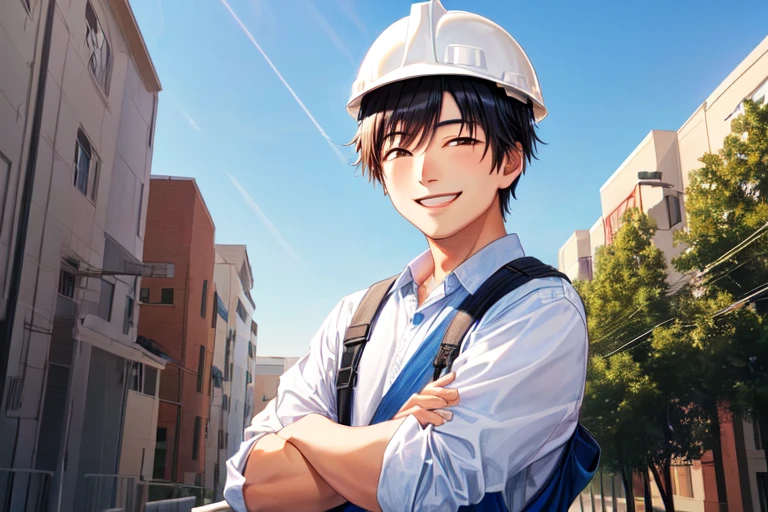 Smiling young Asian man wearing hard hat. The angle is diagonal