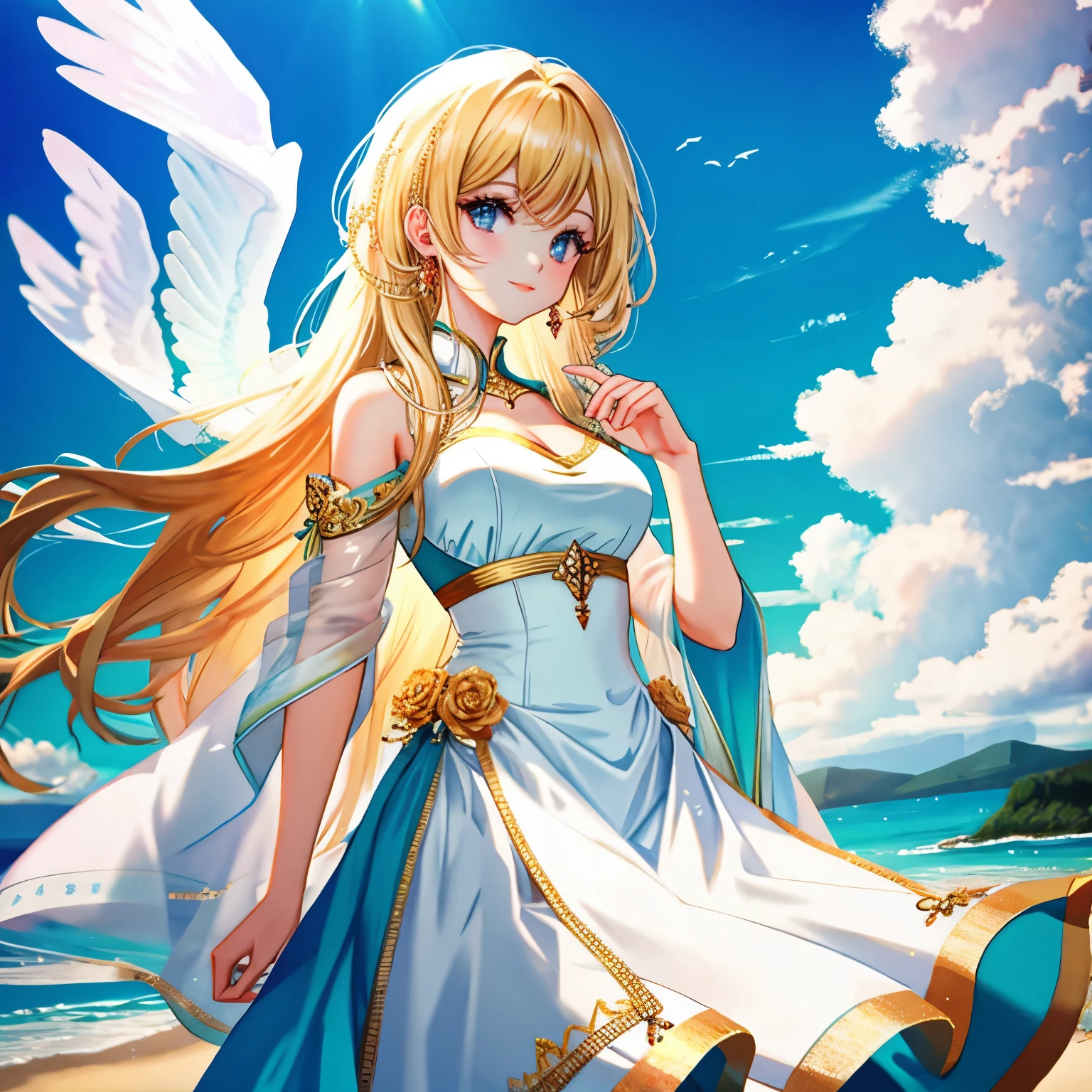 Illustration Enhancement: "masterpiece", "best quality", "ultra-detailed", "super high resolution", "Top Quality photorealistic Illustration", "Super Definition", "cute illustration:1.3", "high Saturation:1.2", "detailed beautiful face and eyes", "an extremely delicate and beautiful", "nice hands", "perfect hands", "appropriate posture", "appropriate configuration", "ideal ratio body proportions"
BREAK
Theme: "Support system for daringly pursuing dreams and goals"
BREAK
Number of Characters: "ultra-ultimate beautiful"
BREAK
Facial Details: "Eyes filled with hope and a sharp gaze indicating determination"
BREAK
Movement Details: "Posture of moving forward, capturing the moment of taking a step"
BREAK
Emotions and Expressions: "Bright expression reading confidence and determination"
BREAK
Perspective: "Low angle view emphasizing the figure challenging"
BREAK
Composition: "Character centered, surrounded by supporting elements"
BREAK
Background Details: "Bright sky full of hope and distant goals visible"
BREAK
Costume Details: "Clothes adorned with symbols of courage and adventure"
BREAK
Body Type: "Cleavage, waistline, feminine curves"
BREAK
Wings, Horns, Tail: "Strong wings on the back, representing the flight of possibilities"
BREAK
Hair Style and Color: "Long hair flowing in the wind, gradient of gold and light blue"
BREAK
Accessories: "Item in hand symbolizing dreams"
BREAK
Weapon: "Symbolic accessory strengthening the heart"
BREAK
Light and Shadow: "Bright light illuminating the character, shadows forming hopeful shapes"
BREAK
Color Scheme: "Gold", "blue", "green", "light blue", "yellow", "silver", "deep red", "pink", "wine red", "dark brown", "light purple"
BREAK
Illustration Size: "768×768"
BREAK
Illustration Atmosphere: "Warm and filled with positive energy"
BREAK
Additional Elements: "Differentiating elements", "creative innovation", "unique visual elements", "cultural sensitivity", "environmental impact", "references to history and mythology", "fable elements