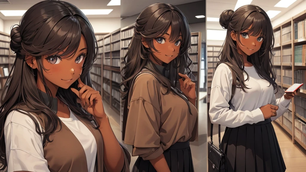 (((Masterpiece, highest quality, high definition, high detail)))), (((modern))), ((Inside college library)), ((standing in library)), (((one girl))), detailed eyes, beautiful face, tomboy, student clothes, girl with dark skin, ((long black hair in a bun)), hazel eyes, blunt bangs, wearing student clothes, student skirt, blushed face, large breasts, (dark skin*0.8), (long brown + wavy hair*1.2), looking at viewer, kind look, smiling sweetly