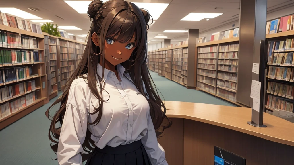 (((Masterpiece, highest quality, high definition, high detail)))), (((modern))), ((Inside college library)), ((standing in library)), (((one girl))), detailed eyes, beautiful face, tomboy, student clothes, girl with dark skin, ((long black hair in a bun)), hazel eyes, blunt bangs, wearing student clothes, student skirt, blushed face, large breasts, (dark skin*0.8), (long brown + wavy hair*1.2), looking at viewer, kind look, smiling sweetly
