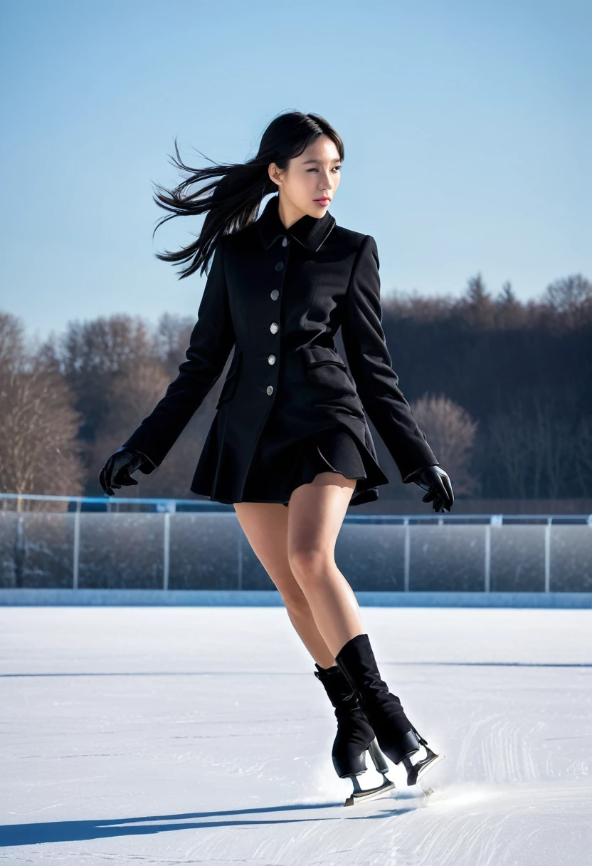 Sublime patineuse sur glace à talons hauts, femme 30ans heureuse et rayonnante, (métisse sino-japonaise)，vêtements noirs，jupe courte noir，Talons extra-hauts noirs，sublime, remarquable, Super Beau，ajuster，Abdos minces，cheveux longs，grande taille，Beau，tir de tout le corps，Clothes are slim-ajusterting，lignes douces，La courbe est évidente，Longues jambes，jambes fines，Porter une queue de cheval haute et longue，tresser，pause dynamique, sur une patinoire en extérieur,  magnifique ciel ensoleillé en hiver 