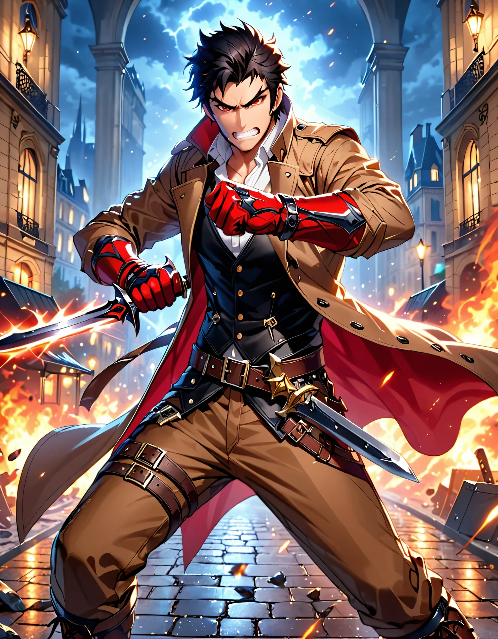 (masterpiece), (best quality), (hires), 1male, solo, solo focus, male focus, dynamic fighting stance, psychotic french male, white shirt, brown cargo pants, brown combat boots, ((holding weapon, daggers), red gloves), black hair, short hair, sideburns, red eyes, (wearing brown trench coat, open coat), (black vest, vest with sheaths), fist gauntlets, angry, clenched teeth. modern paris, night, indoors, cowboy shot.