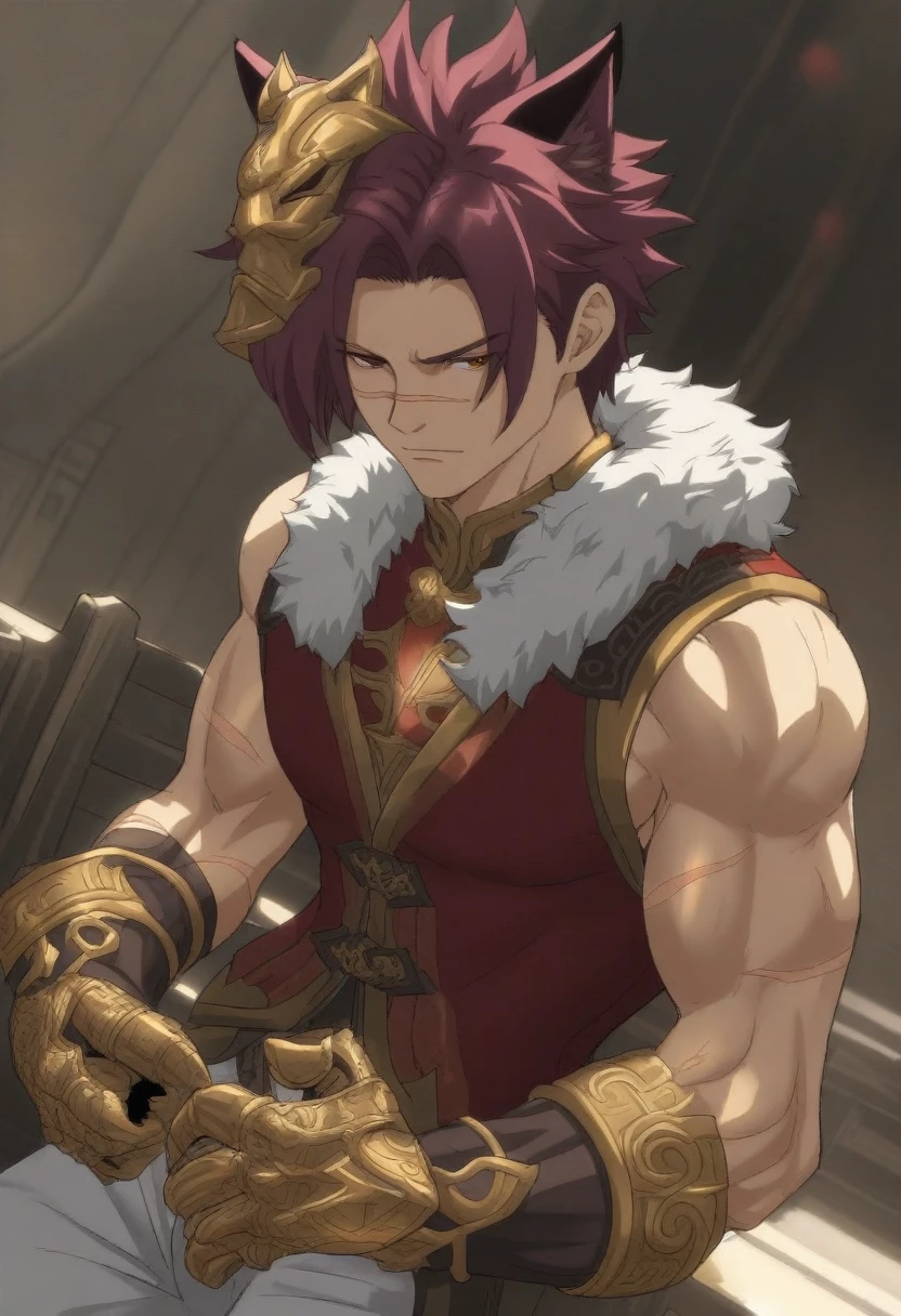 {{portrait, dutch angle}} {{Artist: Sincos}} 1male, solo, toned male, scar across nose, horizontal scar, maroon hair, short hair, large, broad, muscular, bare-chested, vest, fur collar, Sett, League of Legends, eastern fantasy, white pants with gold, brass knuckles, cat ears, cat ears on head, maroon cat ears, tall, amber eyes