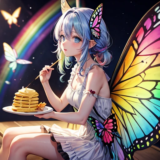 Rainbow haired fairy with butterfly wings eating a crepe