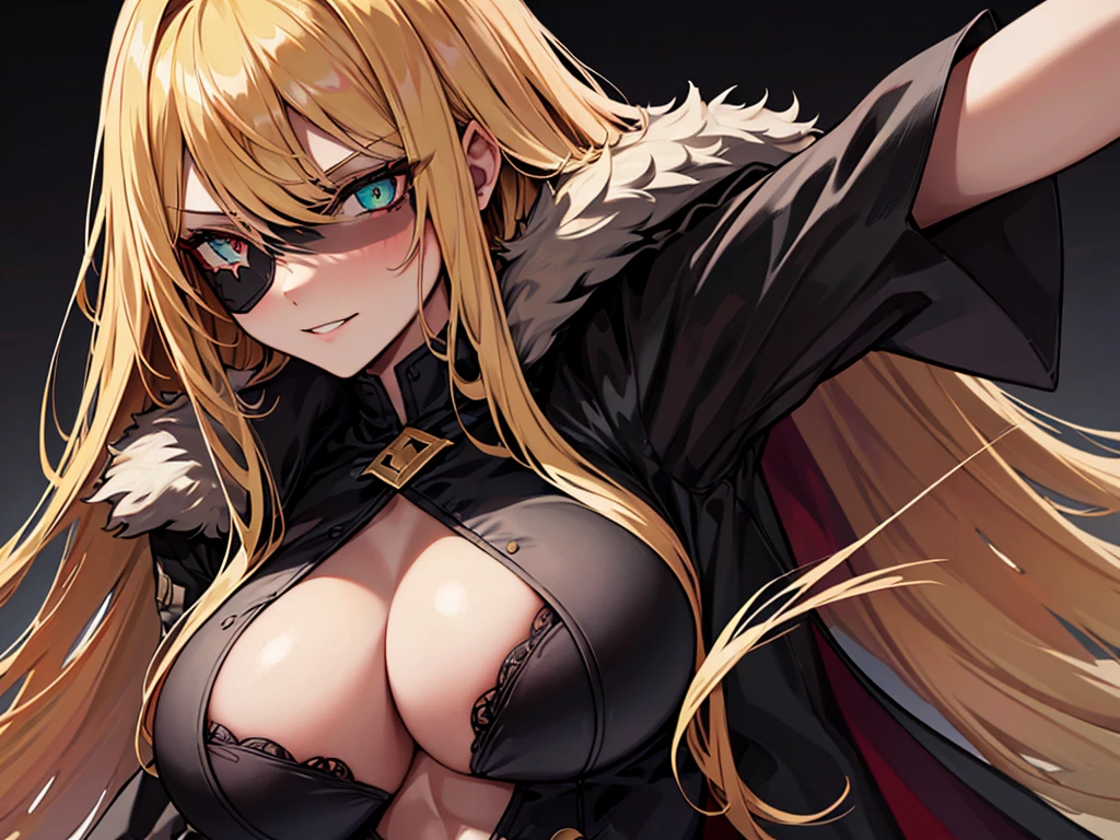 ((masterpiece)), ((best quality)), 1girl, adult, long hair, big bust, ((blonde hair)), very long blonde hair, ((intimidant look)), ((close-up)), profile image, green eyes, black and red clothes, sexy, dark colors, brillant eyes, ((coat with fur)), ((wavy hair)), exposed skin, ((sexy pose)), ((intimidant look)), good anatomy, ((dark sage clothes)), ((straight cut bangs)), emotionless, intimidant, ((beautiful eyes)), dark background, close up, ((detailed eyes)), beautiful eyes, ((detailed face)), hair bang, frontal look, evil, relaxed, smile, magical goddess othinus, abs, detailed face, eyepatch, huge tits, full body, ((detailed))