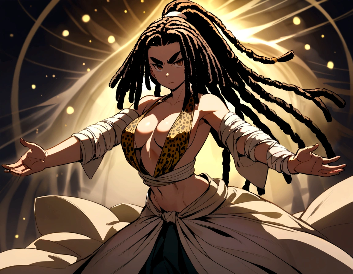 Hair: Long, black dreadlocks in a high ponytail.Face: Stern expression, sharp features, thick eyebrows.Outfit:Deep V-neck top, revealing chest, with forearms wrapped in cloth.Sleeveless, loose garment with a leopard print.Long, flowing skirt or pants.Pose: Hands in a meditative or martial arts stance.