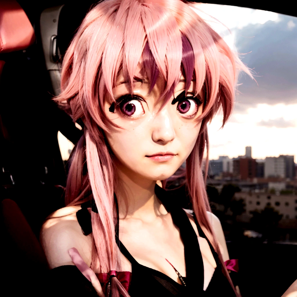anime girl with pink hair sitting in a car looking at a man, mirai nikki, in the anime film, gasai yuno from mirai nikki, anime girl named gasai yuno from mirai nikki, seductive anime girl, gapmoe yandere, anime style like mirai nikki, an anime girl, female anime character, gasai yuno, gasai yuno, gasai yuno from mirai nikki as an anime character, gasai yumo