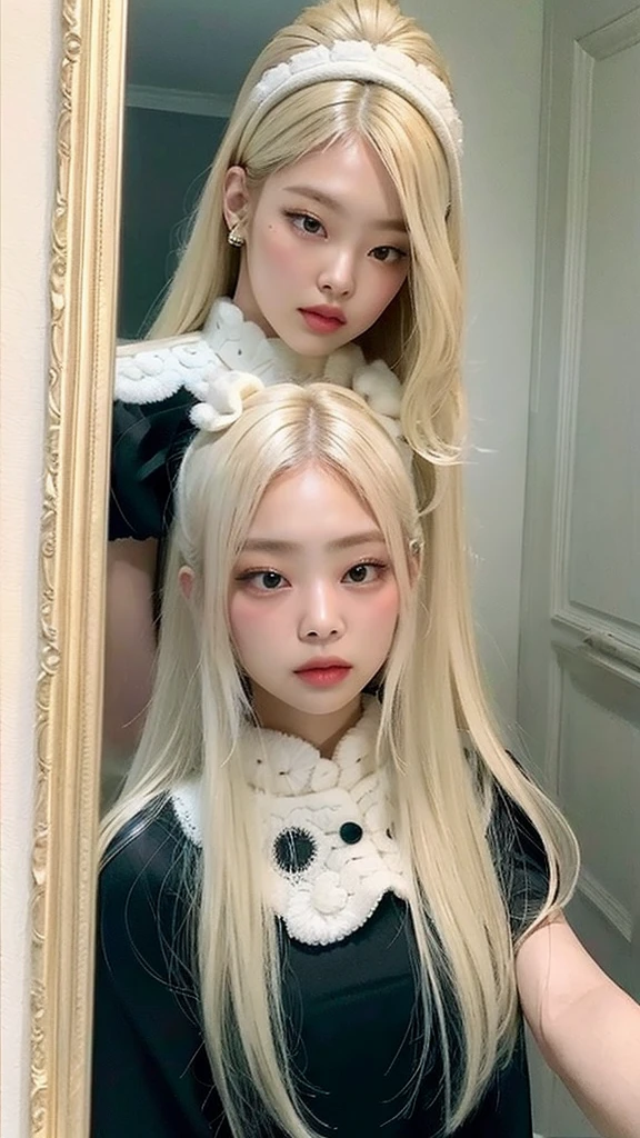 Jenny kim blonde girl, jennie loira, jenny kim, jennie kim do black pink, white hair, long and blonde hair, pele white, white, big and fluffy lips, traditional korean idol makeup, girl with perfect skin, Korean woman taking photo in the mirror