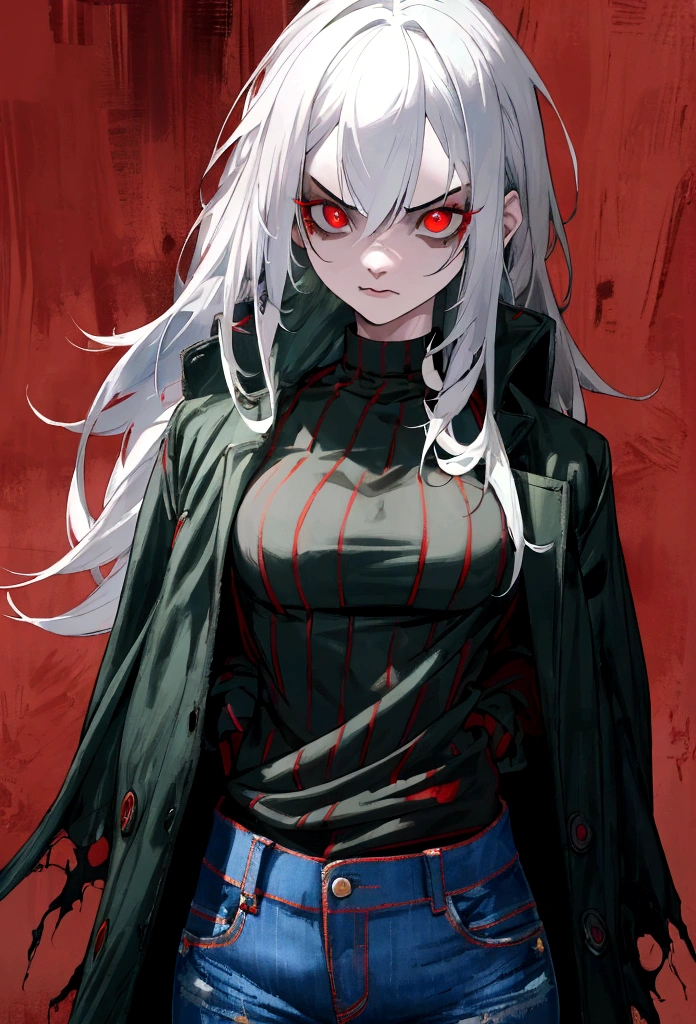 a menacing girl with white hair and red eyes, wearing distressed blue jeans, a black and red striped t-shirt, and a green coat, posing against a Red background, menacing look, (best quality,4k,8k,highres,masterpiece:1.2),ultra-detailed, dark fantasy