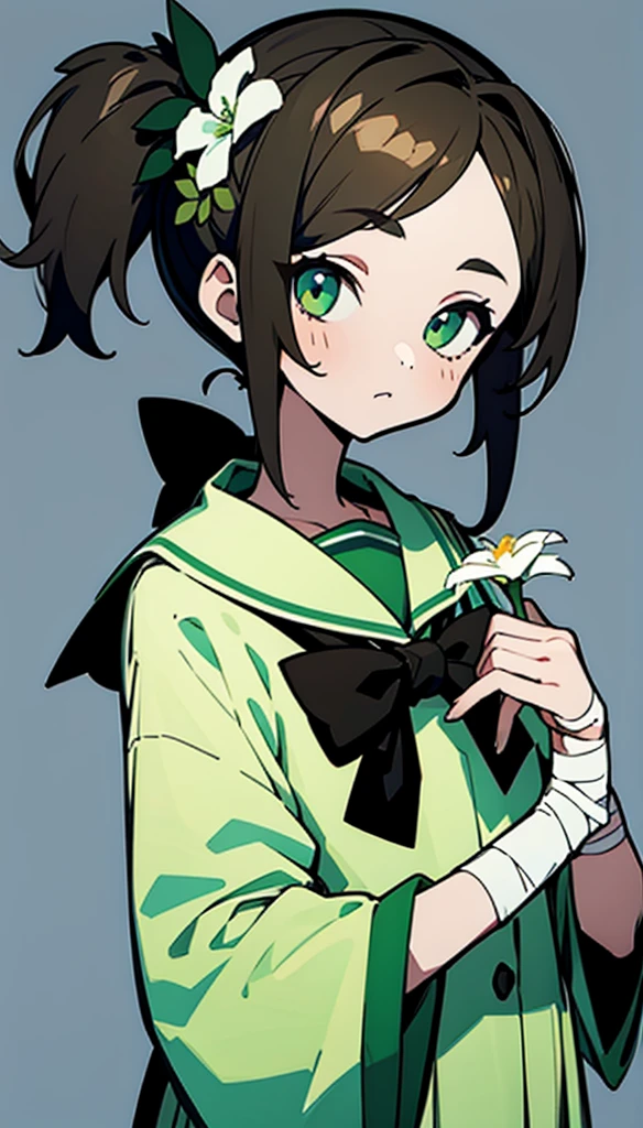 1 Girl,Brown side ponytail,Green eyes,bow tie,Sailor Suit,Hold a small flower in your hand,bandage on hands,Flat painting style,Simple background,beautiful eyes,Highest quality