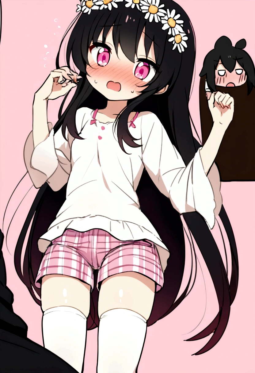 anime girl with long hair in a gradient color from light blue to light pink. and wearing a daisy crown. her face is very hot like a with pink eyes. she wears a white shirt with a pink ribbon on the top of her shirt and she wears pink plaid shorts and wears white stockings. her face is so sweet, her skin is FFFCD which is buttermilk. shes having sex with an anime guy with messy black hair wearing a black suit and her face is blushing.

