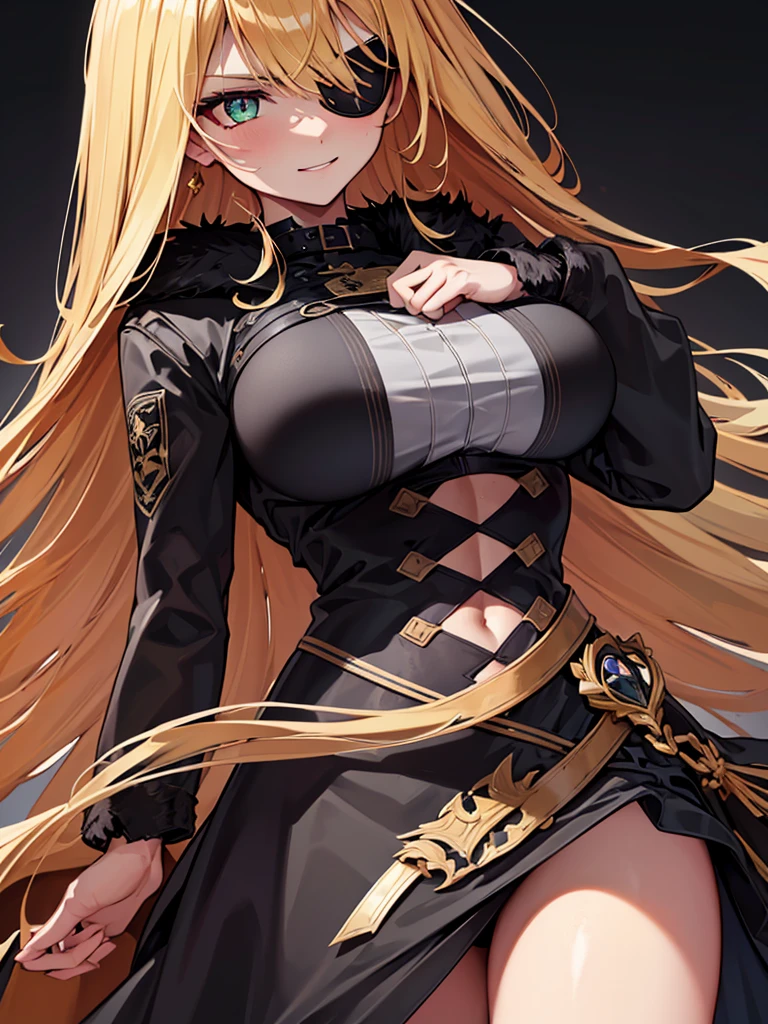 ((masterpiece)), ((best quality)), 1girl, adult, long hair, big bust, ((blonde hair)), very long blonde hair, ((intimidant look)), ((close-up)), profile image, green eyes, black and red clothes, sexy, dark colors, brillant eyes, ((coat with fur)), ((wavy hair)), exposed skin, ((sexy pose)), ((intimidant look)), good anatomy, ((dark sage clothes)), ((straight cut bangs)), emotionless, intimidant, ((beautiful eyes)), dark background, close up, ((detailed eyes)), beautiful eyes, ((detailed face)), hair bang, frontal look, evil, relaxed, smile, magical goddess othinus, abs, detailed face, eyepatch, huge tits, full body, ((detailed))