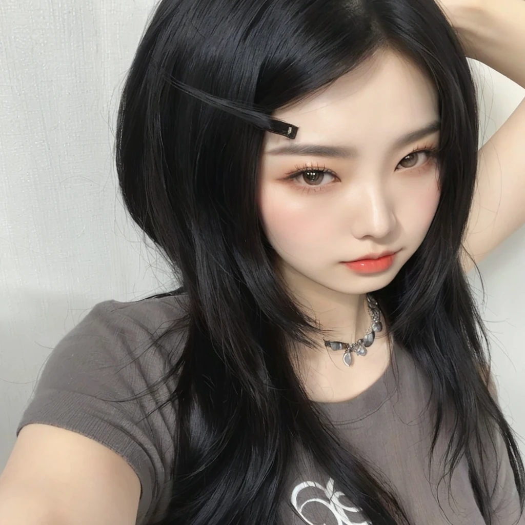 Asian woman Roseanne Park with a comb and a necklace, sui ishida with black hair, black hime cropped fur, black fur, black fur, chiho, pale and light skin!!, Chiho Ashima, whitebangsblack fur, ulzzang, the hime cut, motto hole, ella tiene el black fur con flequillo roseanne park