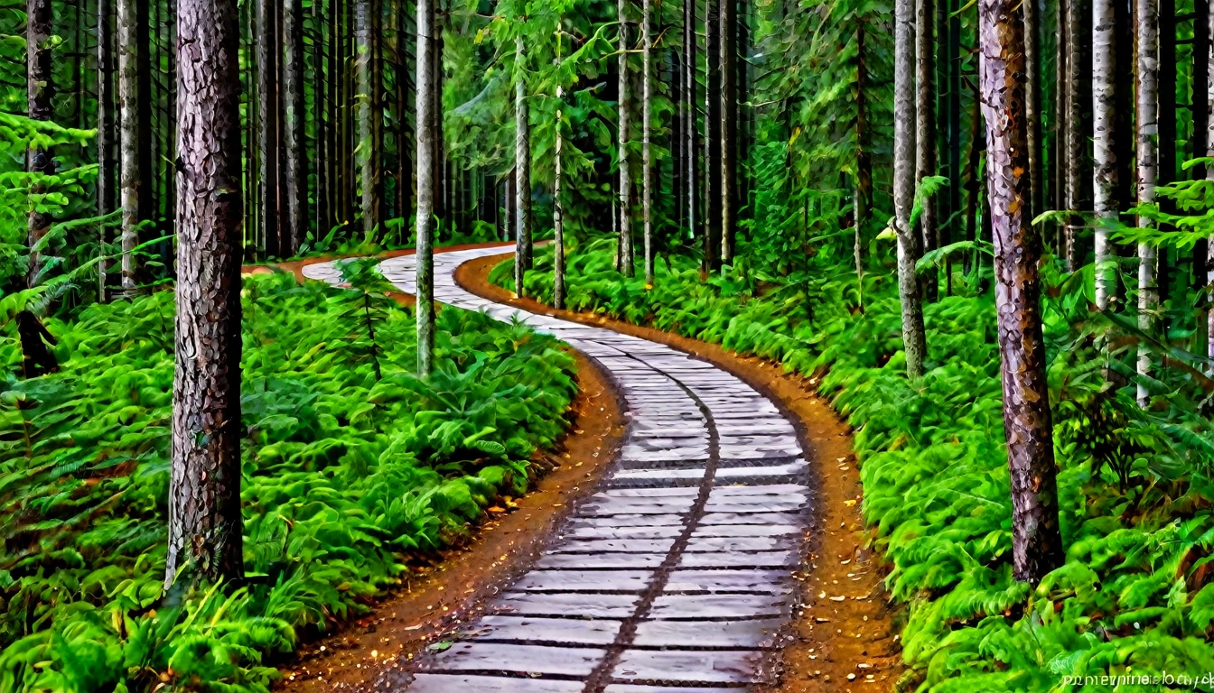 trail with bicycle tracks, dense forest, quiet day, lots of people in the area