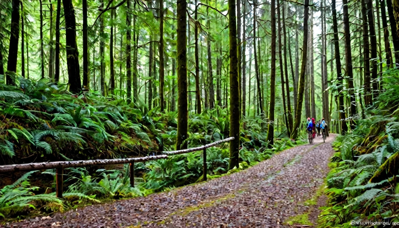 trail with bicycle tracks, dense forest, quiet day, lots of people in the area