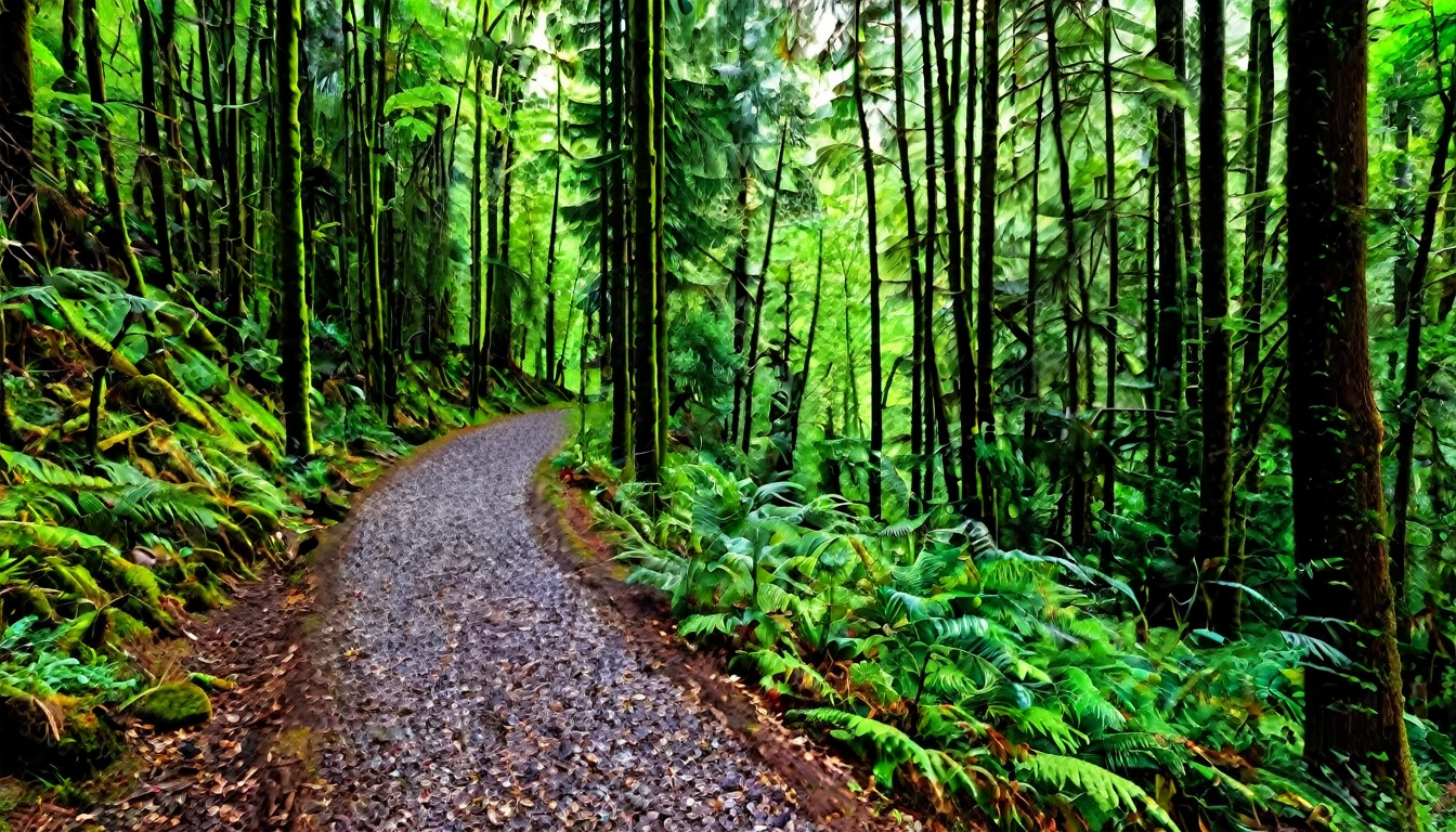 trail with bicycle tracks, dense forest, quiet day, lots of people in the area