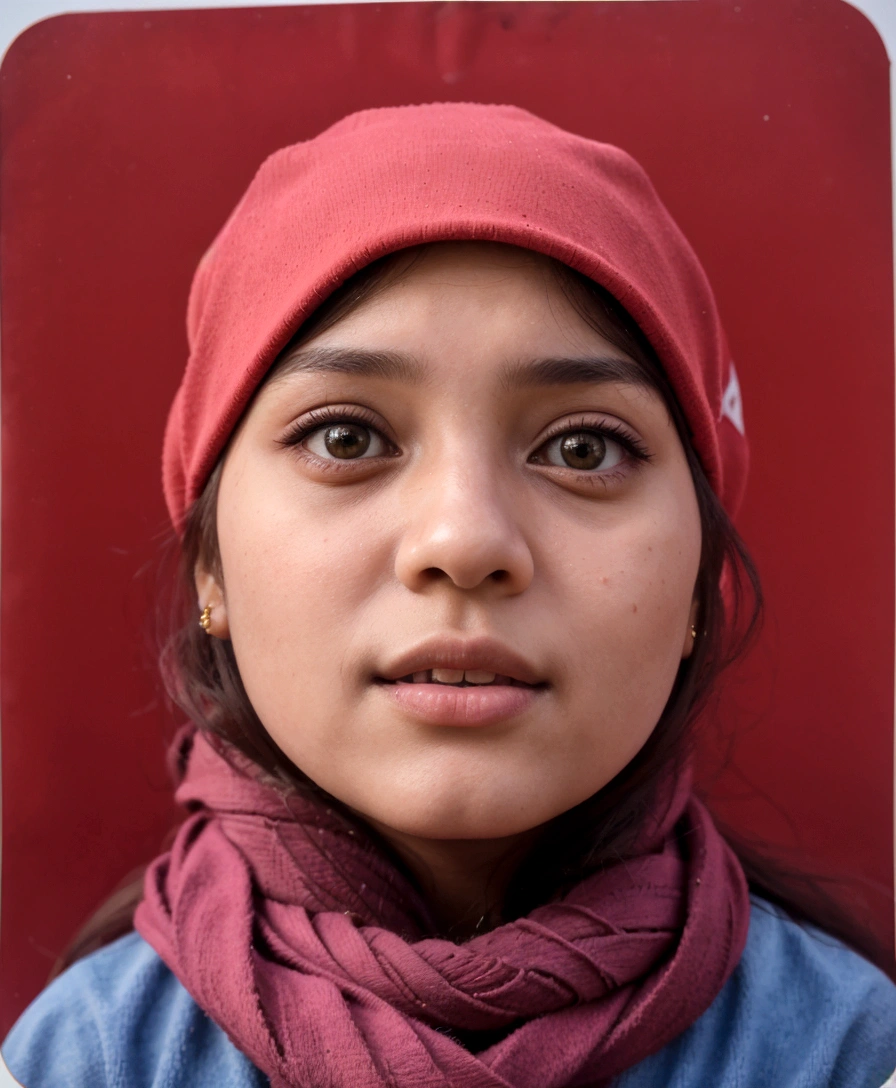 there is a young girl wearing a red hat and scarf, photo of the girl, old picture, hana alisa omer, front portrait of a girl, faridah malik, riyahd cassiem, detailed picture, potrait, full protrait, reyyan, portait photo profile picture, close up potrait, young girl, protrait