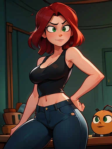 Aunt Cass Hamada from Big Hero 6, black tank top, jeans, cleavage, kind friendly expression, facing camera, slender build, with long red hair and green eyes 