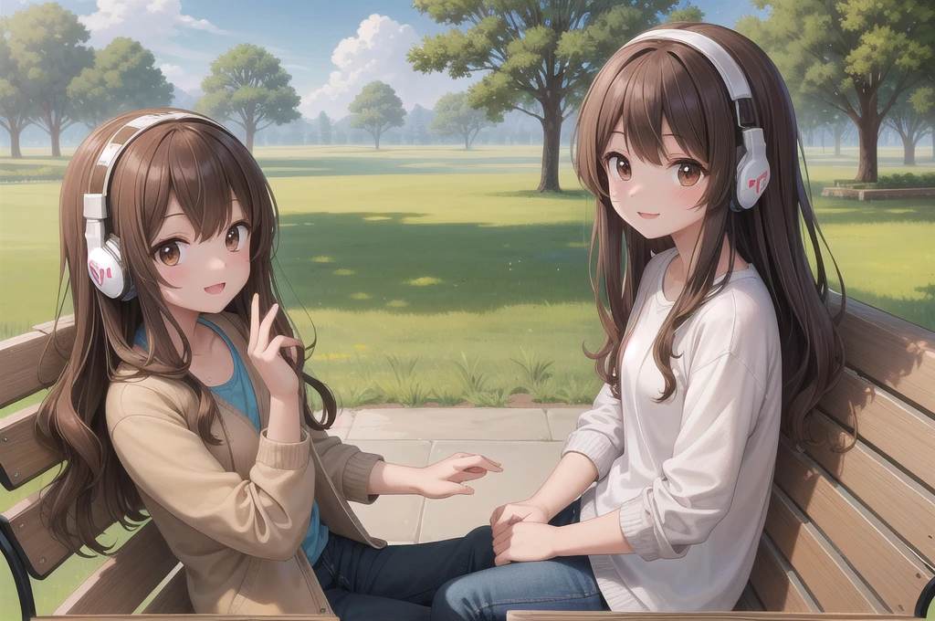 One girl, alone, 20-year-old, Brown eyes, Brown Hair, Long, beautiful wavy hair, smile, Nice casual clothes, grassland, Sit on a bench, headphone, masterpiece, Fine Fingers, 最high quality:1.4, high quality, detailed,