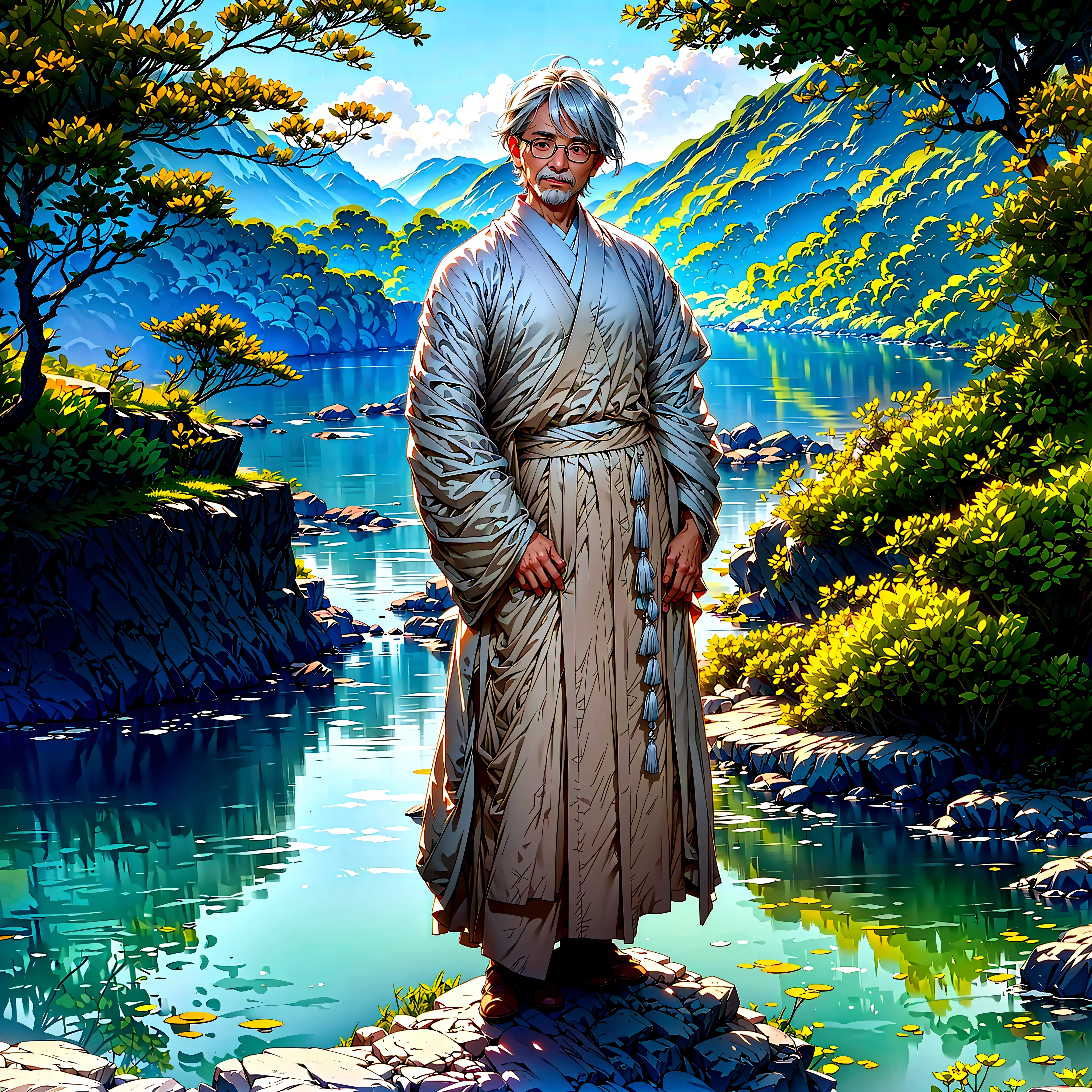 Create a high-quality anime-style image featuring an elderly man standing on a rocky cliff by the sea. The man has white hair, a beard, and is wearing round glasses. He is dressed in a white shirt, beige pants rolled up at the ankles, and white sneakers. His posture is relaxed, with his hands in his pockets, gazing thoughtfully into the distance.
The background consists of a clear blue sky filled with fluffy, white clouds. Below the cliff, there is a calm sea with boats and a small coastal village nestled at the foot of green, mountainous terrain. The scene captures a peaceful, reflective moment, with vibrant colors and detailed shading to emphasize the tranquil and contemplative atmosphere.