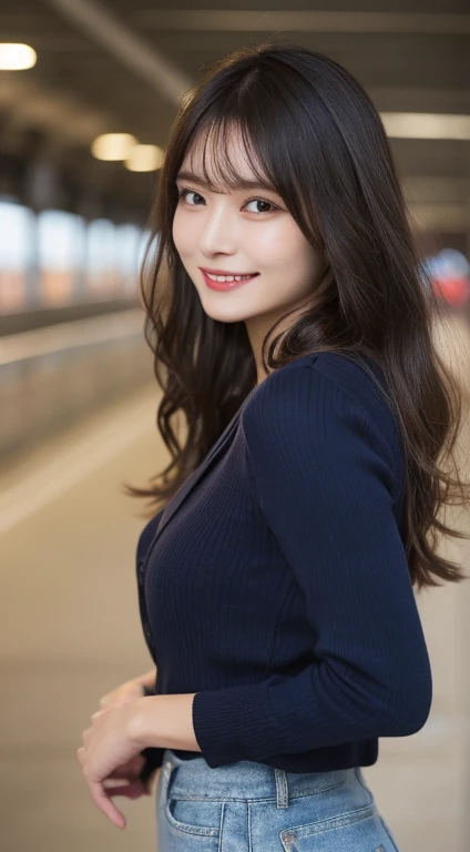 Tabletop, Highest quality, figure, Super detailed, In detail, High resolution, 8k wallpaper, Perfect dynamic composition, Beautiful attention to detail,Medium Hair,Small  Natural color Lips, smile, 28-year-old girl、cute、sexy shlooking at camera、Sculpture model pose、Navy Blue Blazer、White long sleeve shirt，Skinny jeans, a photo of a woman standing at a racetrack, facing forward, black long straight hair, d cup,White long sleeve shirt
