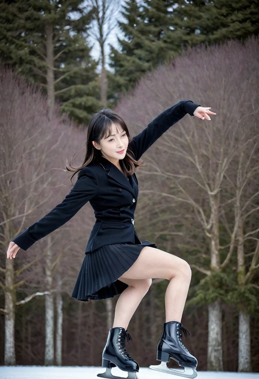 Sublime patineuse sur glace à talons hauts, femme 30ans heureuse et rayonnante, (métisse sino-japonaise)，vêtements noirs，jupe courte noir，Talons extra-hauts noirs，sublime, remarquable, Super Beau，ajuster，Abdos minces，cheveux longs，grande taille，Beau，tir de tout le corps，Clothes are slim-ajusterting，lignes douces，La courbe est évidente，Longues jambes，jambes fines，Porter une queue de cheval haute et longue，tresser，pause dynamique, sur une patinoire en extérieur,  magnifique ciel ensoleillé en hiver 