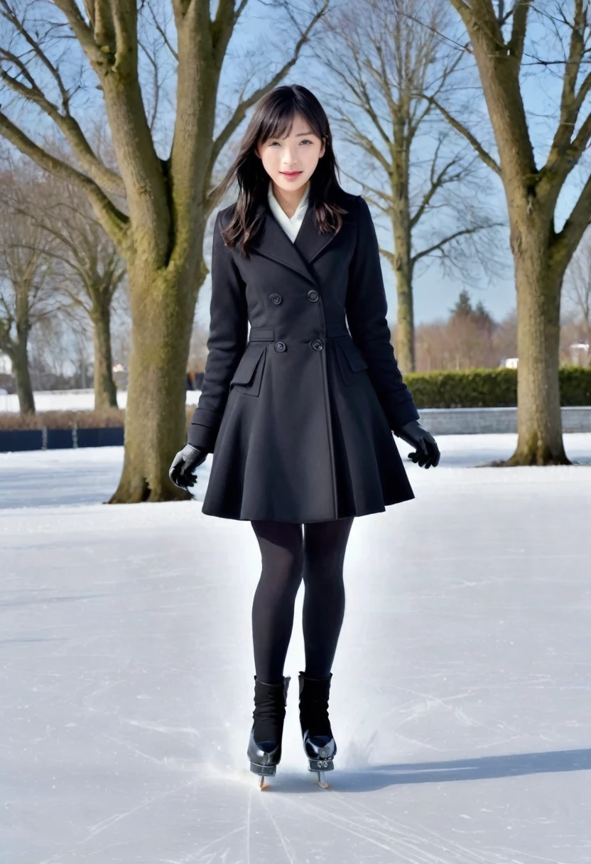 Sublime patineuse sur glace à talons hauts, femme 30ans heureuse et rayonnante, (métisse sino-japonaise)，vêtements noirs，jupe courte noir，Talons extra-hauts noirs，sublime, remarquable, Super Beau，ajuster，Abdos minces，cheveux longs，grande taille，Beau，tir de tout le corps，Clothes are slim-ajusterting，lignes douces，La courbe est évidente，Longues jambes，jambes fines，Porter une queue de cheval haute et longue，tresser，pause dynamique, sur une patinoire en extérieur,  magnifique ciel ensoleillé en hiver 